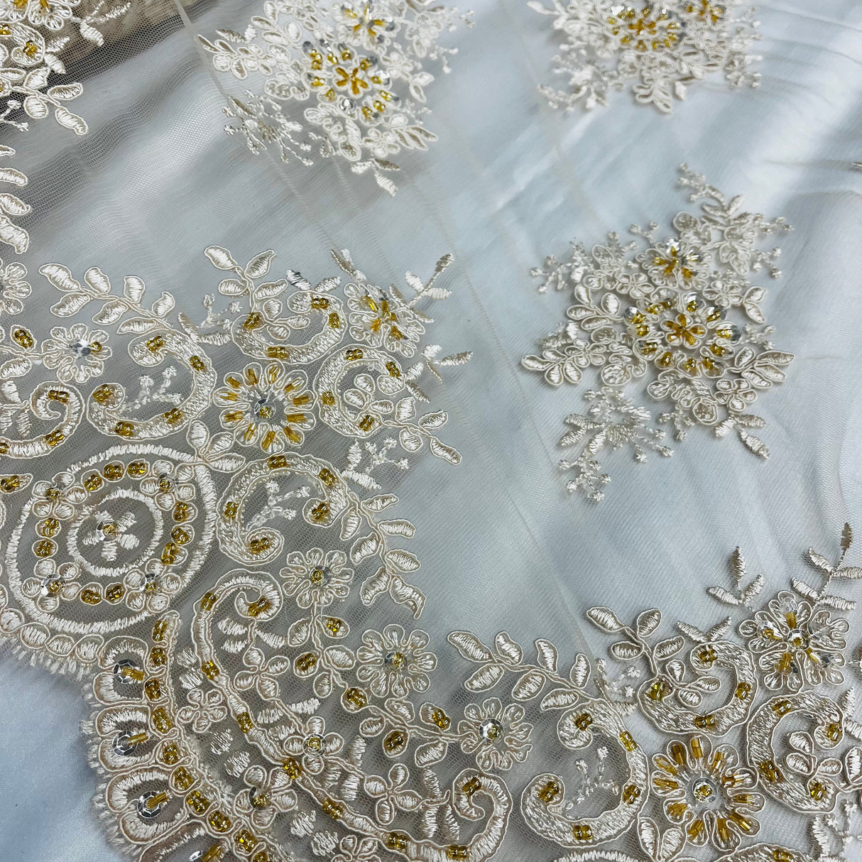 Beaded Corded Lace Fabric 56" Polyester Net Mesh
