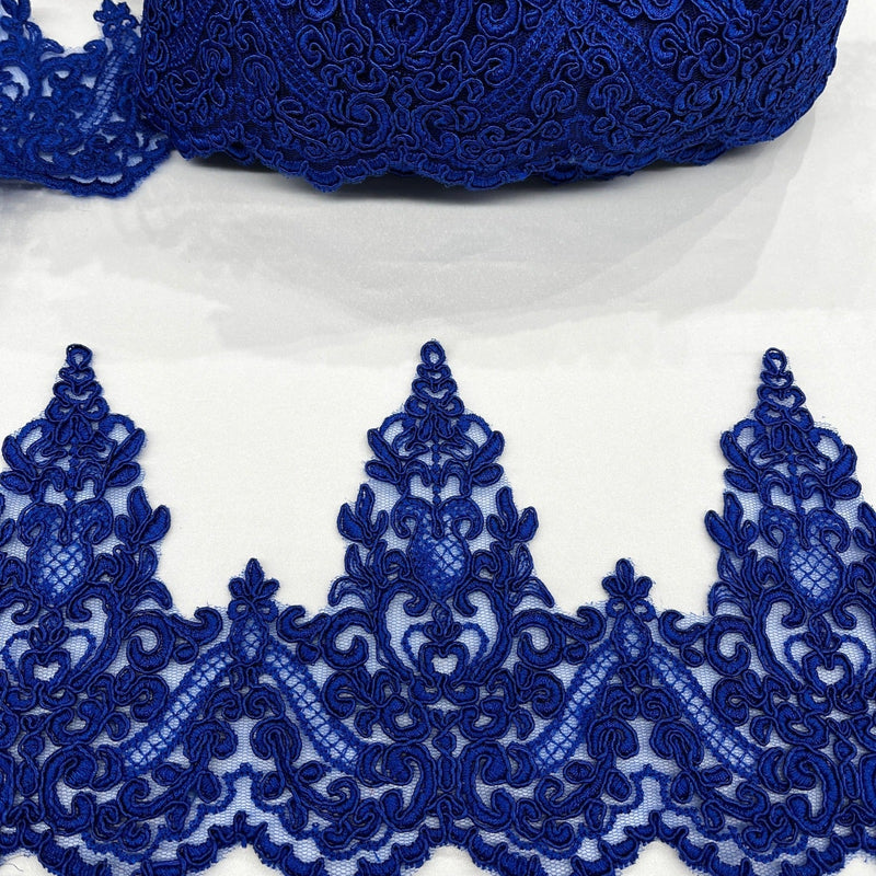 Corded Lace Trimming Embroidered On 100 Percent Polyester Net Mesh Fabric - Floral Corded Embroidery, 6" Wide (1 Yard)