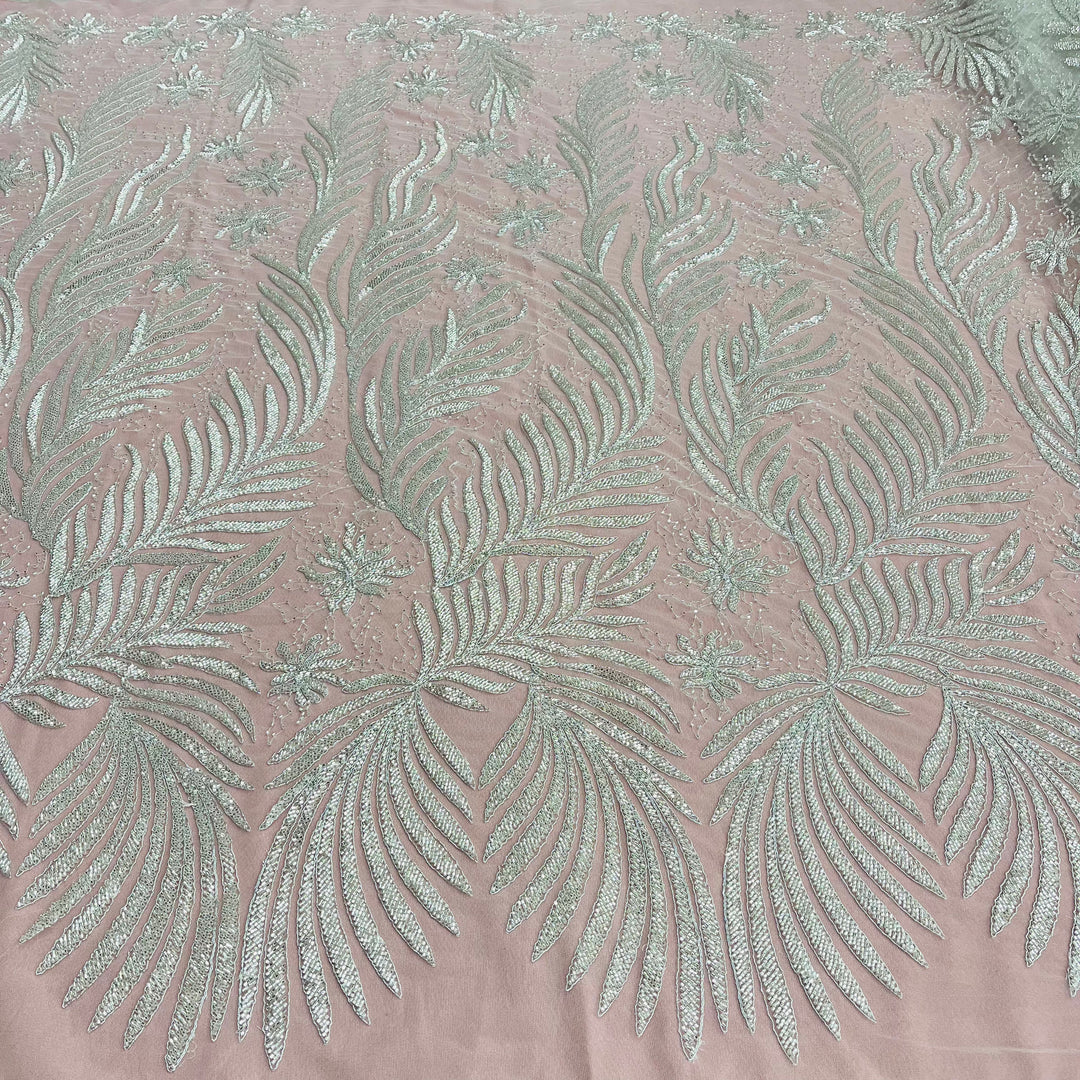 1 Yard Beaded & Corded Bridal Lace Fabric Embroidered on 100% Polyester Net Mesh