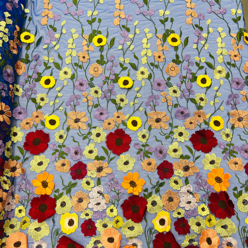 Multi Color Sun Flower 3D Design Embroidered Mesh Lace Fabric - Multi Color Sun Flower, Double Scallop, 48/50" Width (1 Yard)