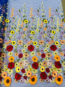 Multi Color Sun Flower 3D Design Embroidered Mesh Lace Fabric - Multi Color Sun Flower, Double Scallop, 48/50" Width (1 Yard)