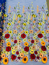 Multi Color Sun Flower 3D Design Embroidered Mesh Lace Fabric - Multi Color Sun Flower, Double Scallop, 48/50" Width (1 Yard)