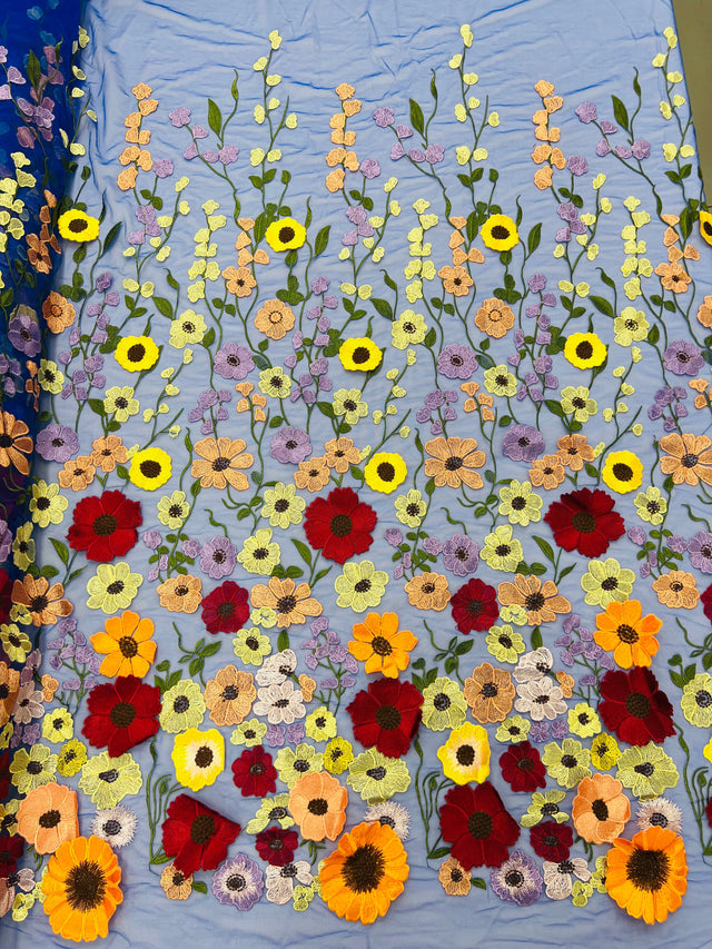 Multi Color Sun Flower 3D Design Embroidered Mesh Lace Fabric - Multi Color Sun Flower, Double Scallop, 48/50" Width (1 Yard)