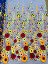 Multi Color Sun Flower 3D Design Embroidered Mesh Lace Fabric - Multi Color Sun Flower, Double Scallop, 48/50" Width (1 Yard)