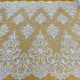 1 Yard Beaded & Corded Bridal Lace Fabric Embroidered on 100% Polyester Net Mesh