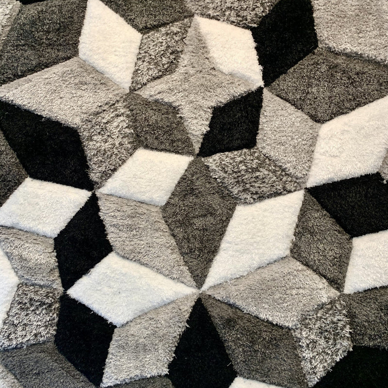 SR-729 Polyester Fabric - Silver Black White 3D Geometric Shag, 7'6" X 10'3", 5' 3" X 7' 5" (1 Rug)