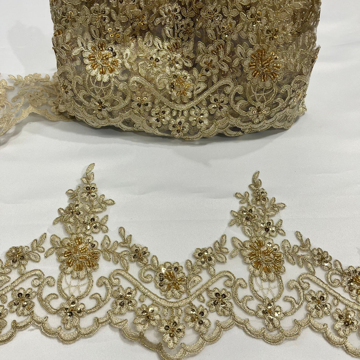 Beaded Corded Floral Lace Trim 6"