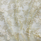 1 Yard Ivory with Gold Beaded Lace Fabric Embroidered on Polyester Net Mesh 54 Inch Width