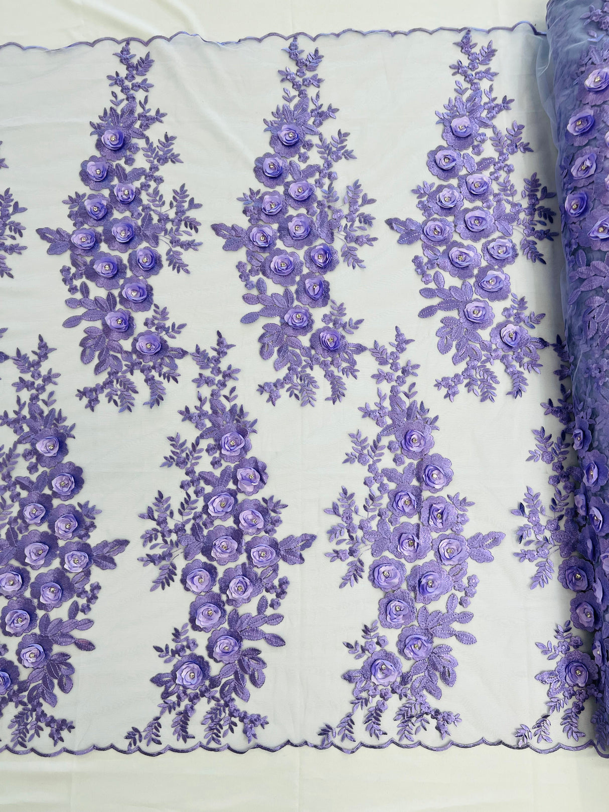Rosa 3D Floral Design With Rhinestones Polyester Fabric - 3D Floral Embroidered Mesh Lace, 54" Width (1 Yard)