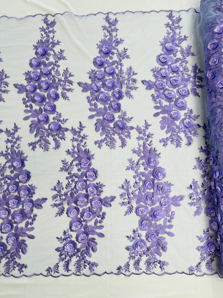 Rosa 3D Floral Design With Rhinestones Polyester Fabric - 3D Floral Embroidered Mesh Lace, 54" Width (1 Yard)