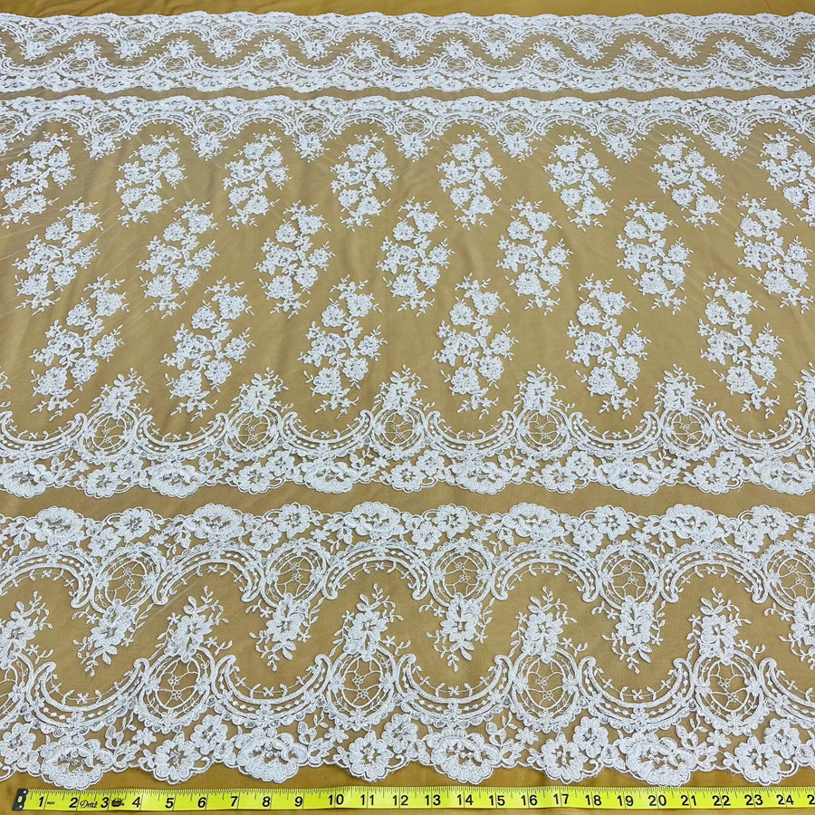 1 Yard Luxurious Beaded and Corded Bridal Lace Fabric Embroidered on 100% Polyester Net Mesh White