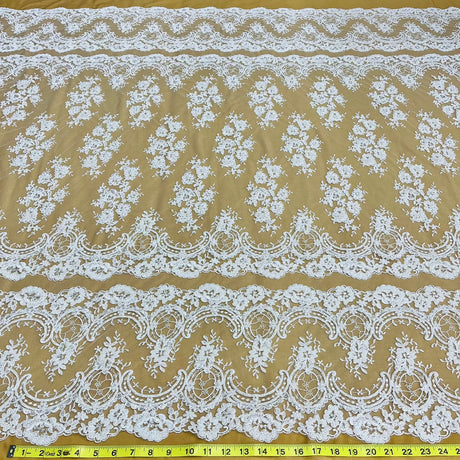 1 Yard Luxurious Beaded and Corded Bridal Lace Fabric Embroidered on 100% Polyester Net Mesh White