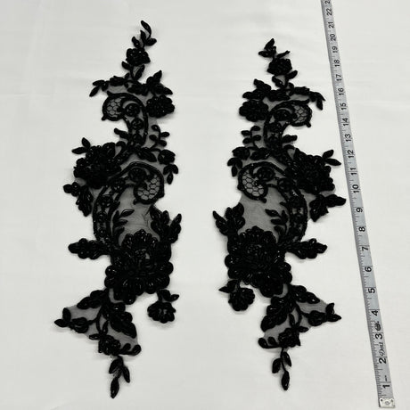Beaded Corded Floral Lace Applique Polyester Fabric - Floral Embroidered Beaded Corded, 20" X 5.5" (1 Pair)