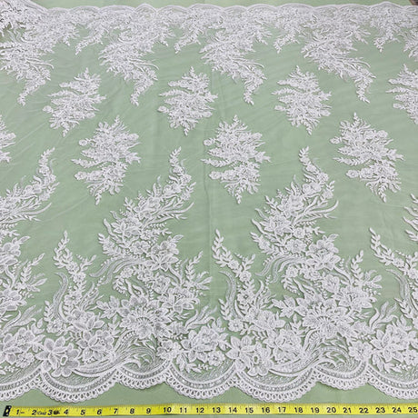 1 Yard Stunning Beaded and Corded Bridal Lace Fabric Embroidered on Polyester Net Mesh