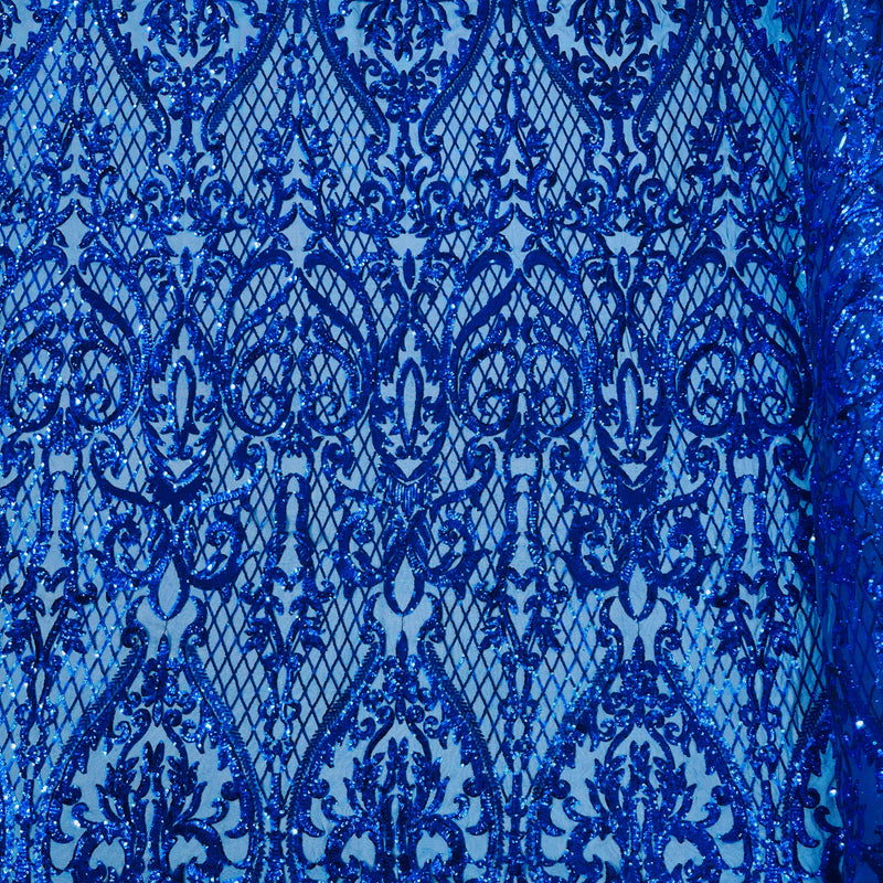 Heart Sequin Damask Polyester Fabric - Heart Damask, Iridescent Sequins, 54" Width (1 Yard)