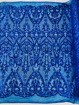 Heart Sequin Damask Polyester Fabric - Heart Damask, Iridescent Sequins, 54" Width (1 Yard)