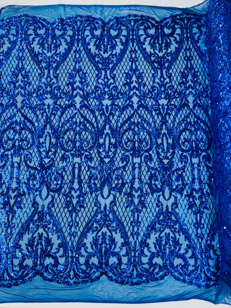 Heart Sequin Damask Polyester Fabric - Heart Damask, Iridescent Sequins, 54" Width (1 Yard)