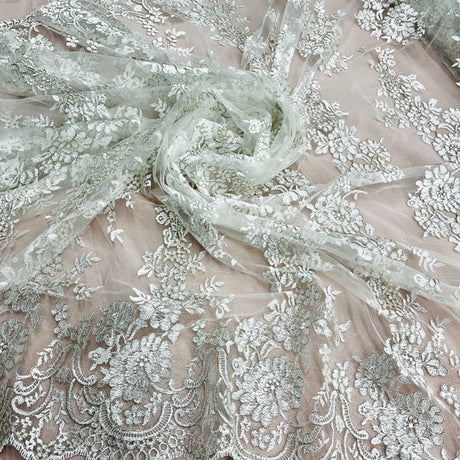 1 Yard Silver Corded Bridal Lace Fabric Embroidered on Polyester Net Mesh Floral Design 54 Inch Width