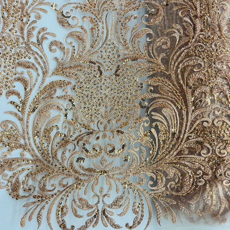 Beaded Lace Fabric Embroidered On 100 Percent Polyester Net Mesh - White, Ivory, Silver, Gold, Rose Gold, 60" Width (1 Yard)