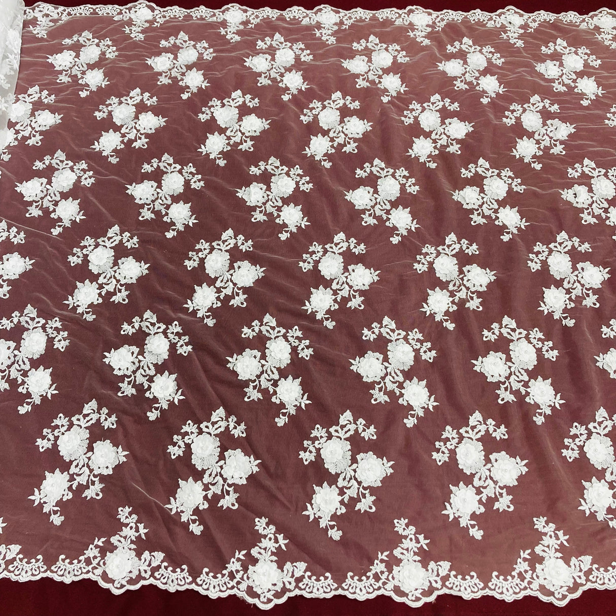 3D Floral Beaded Lace White Mesh
