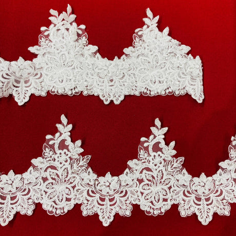 Beaded & Corded Lace Trimming 100 Percent Polyester Net Mesh Fabric - White, Ivory, 6" Width (1 Yard)