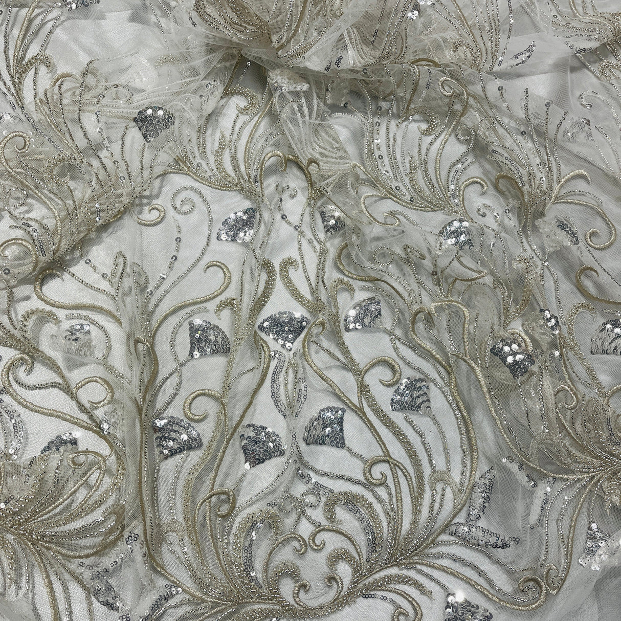 Beaded Lace Fabric Silver Mesh