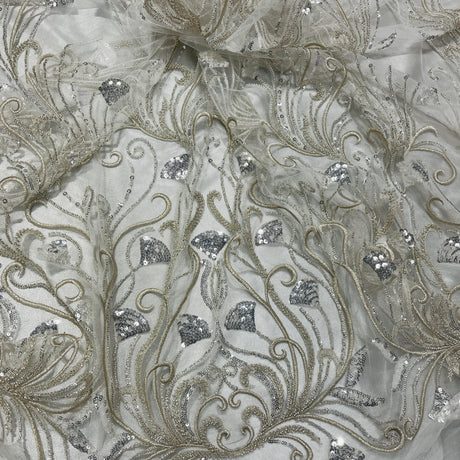 Beaded Lace Fabric Silver Mesh
