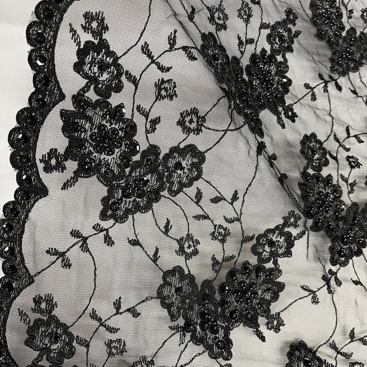 Beaded Corded Lace Fabric 100% Polyester Net Mesh 52"