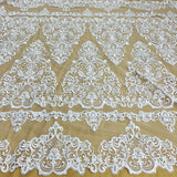 1 Yard Elegant Corded Bridal Lace Fabric Embroidered on 100% Polyester Net Mesh White