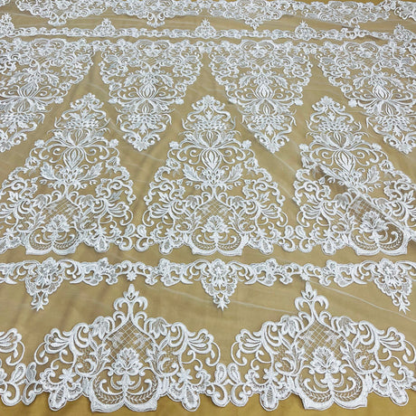 1 Yard Elegant Corded Bridal Lace Fabric Embroidered on 100% Polyester Net Mesh White