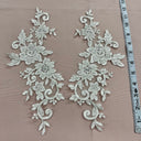Beaded Corded Floral Lace Applique Embroidered Polyester Net Mesh Fabric - Floral Applique, 12.5" X 5" (1 Pair)
