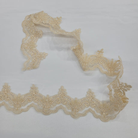 Beaded Corded Lace Trim on Polyester Net Mesh 3" Wide