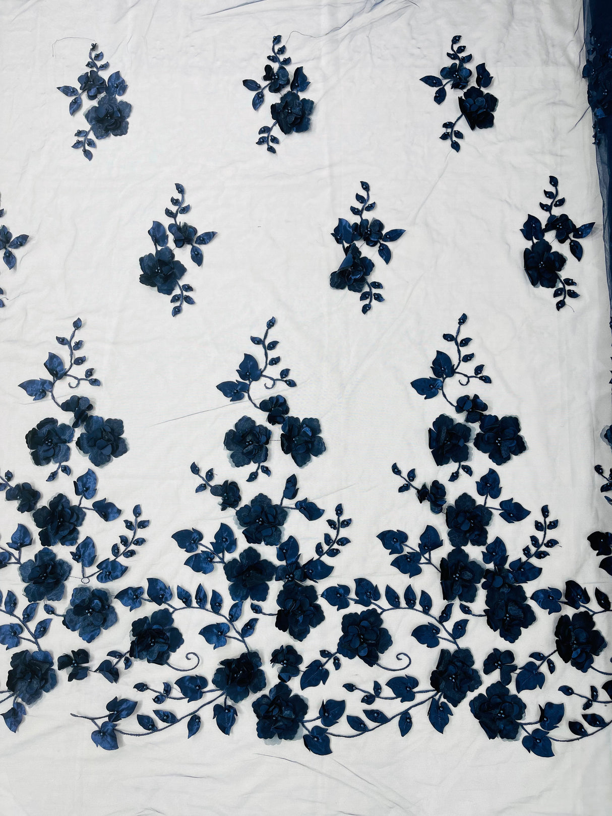 Orquidia 3D Floral Design Embroidered With Pearls Lace Fabric - 3D Floral Mesh Lace, 54" Width (1 Yard)