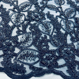Beaded Corded Lace Fabric on Polyester Net Mesh
