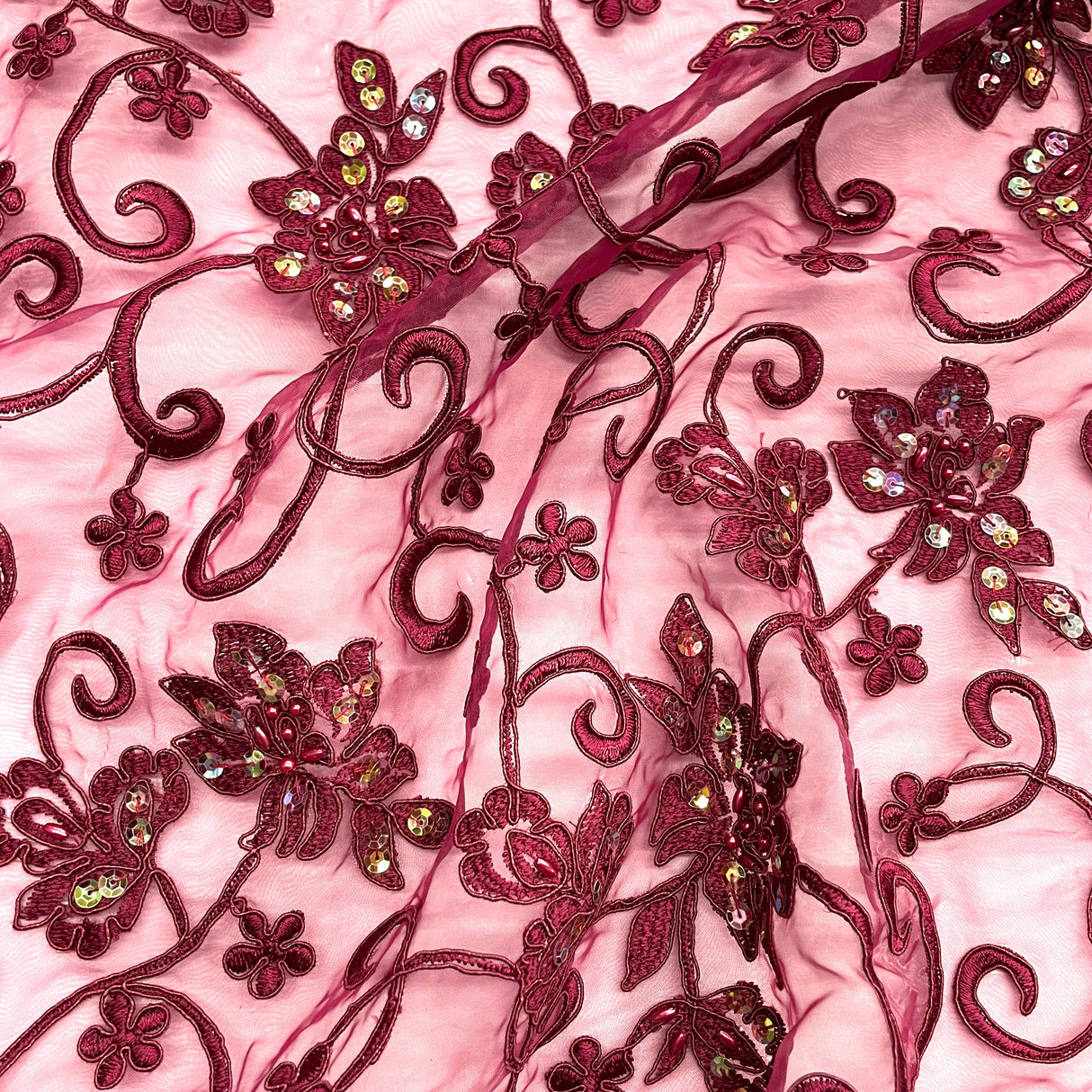 Beaded Corded Bridal Lace Wine