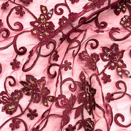 Beaded Corded Bridal Lace Wine