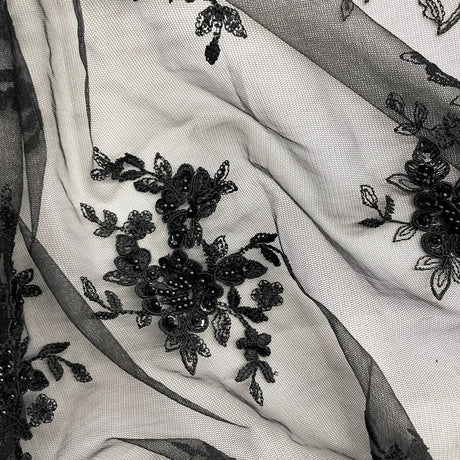 Beaded Corded Bridal Lace Fabric - Red, Silver, Black Embroidered On 100 Percent Polyester Net Mesh, 54" Width (1 Yard)
