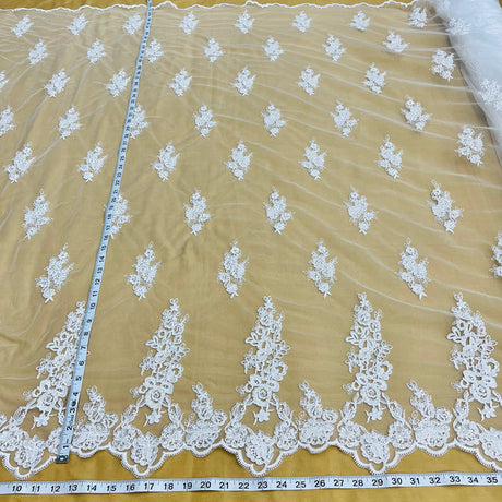 1 Yard Beaded and Corded Bridal Lace Fabric for Elegant Wedding Dresses White