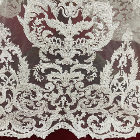 Beaded Corded Lace Fabric White Ivory