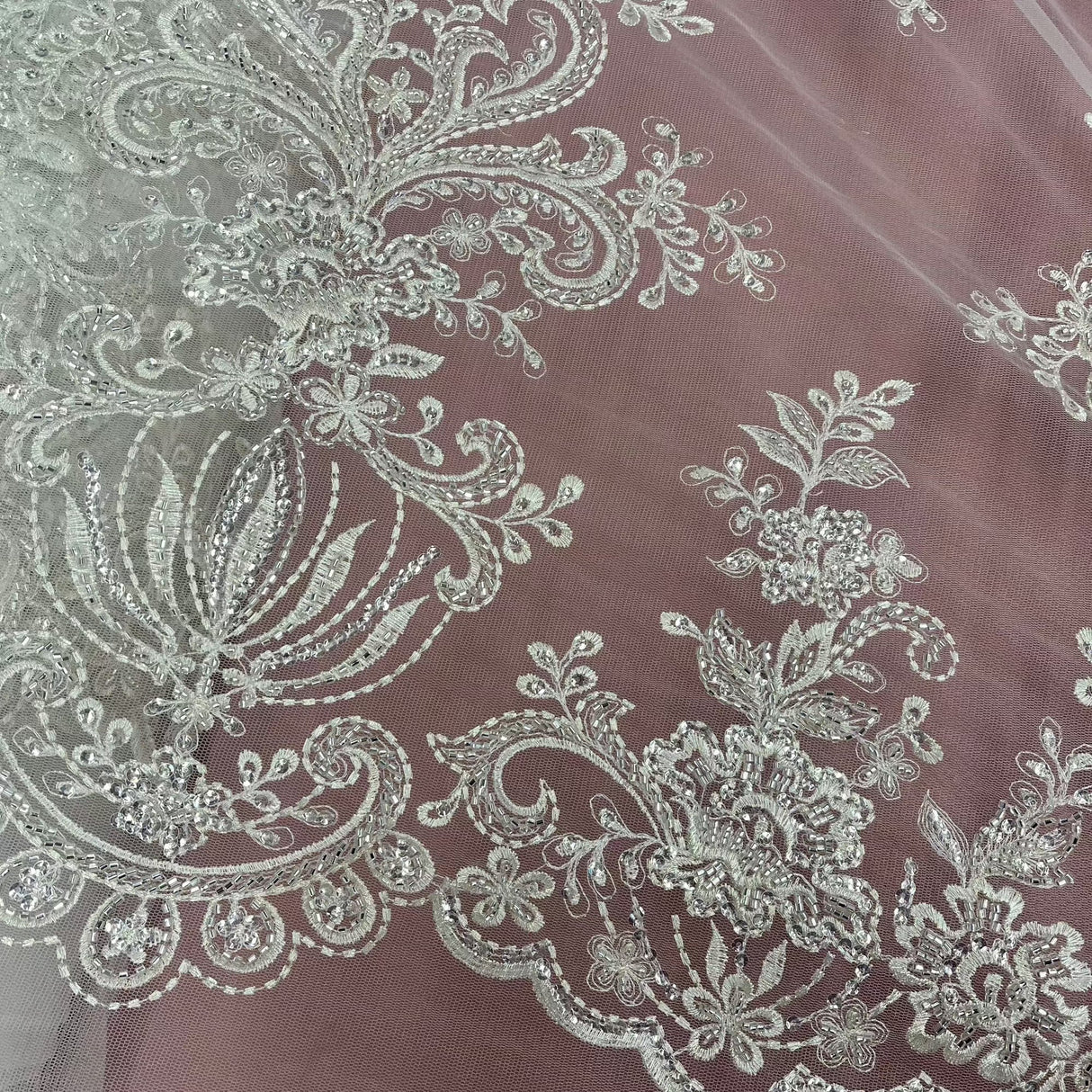 Beaded Lace Fabric Embroidered on Polyester Net Mesh