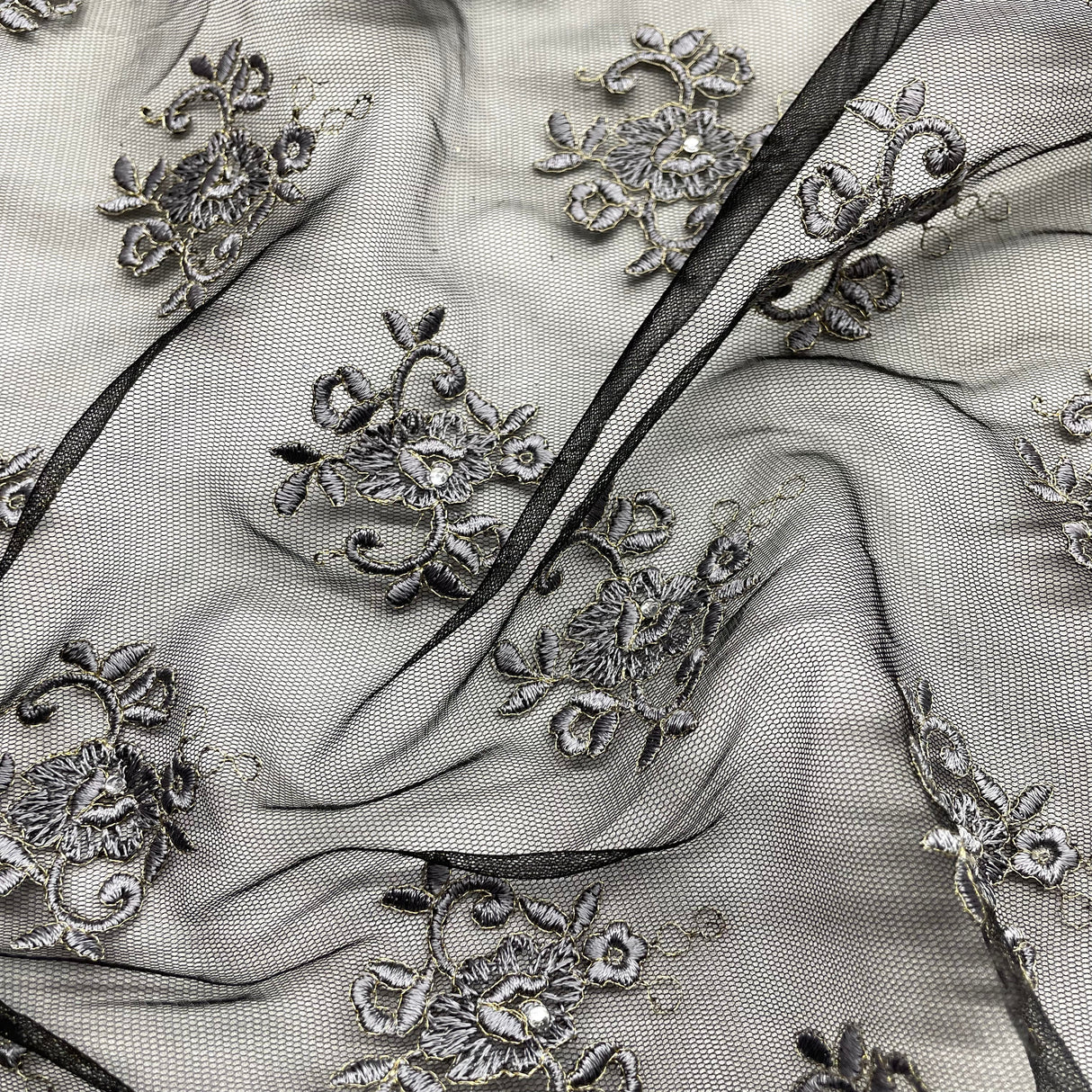 Beaded Lace Fabric on Polyester Net Mesh 52"