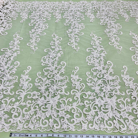 1 Yard Beaded and Corded Bridal Lace Fabric Embroidered on Polyester Net Mesh 51 inch Width