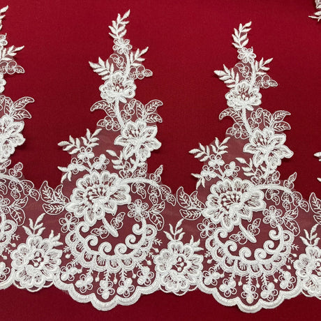 Corded Lace Trimming Embroidered On 100 Percent Polyester Net Mesh Fabric - Floral Lace Trim, 15" Width (1 Yard)
