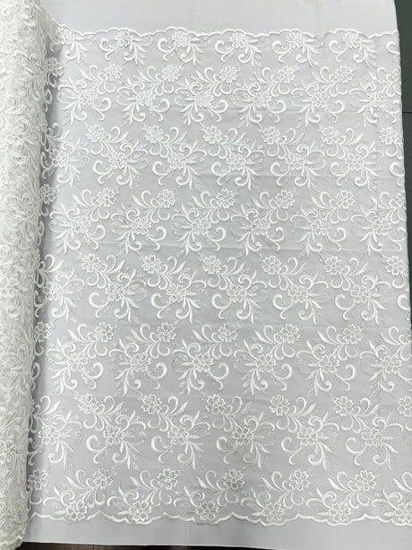 Estrella Corded Flowers Embroider With Sequins Mesh Lace Fabric - Floral Embroidered, Double Scallop, 50-54" Width, 36" Length (1 Yard)