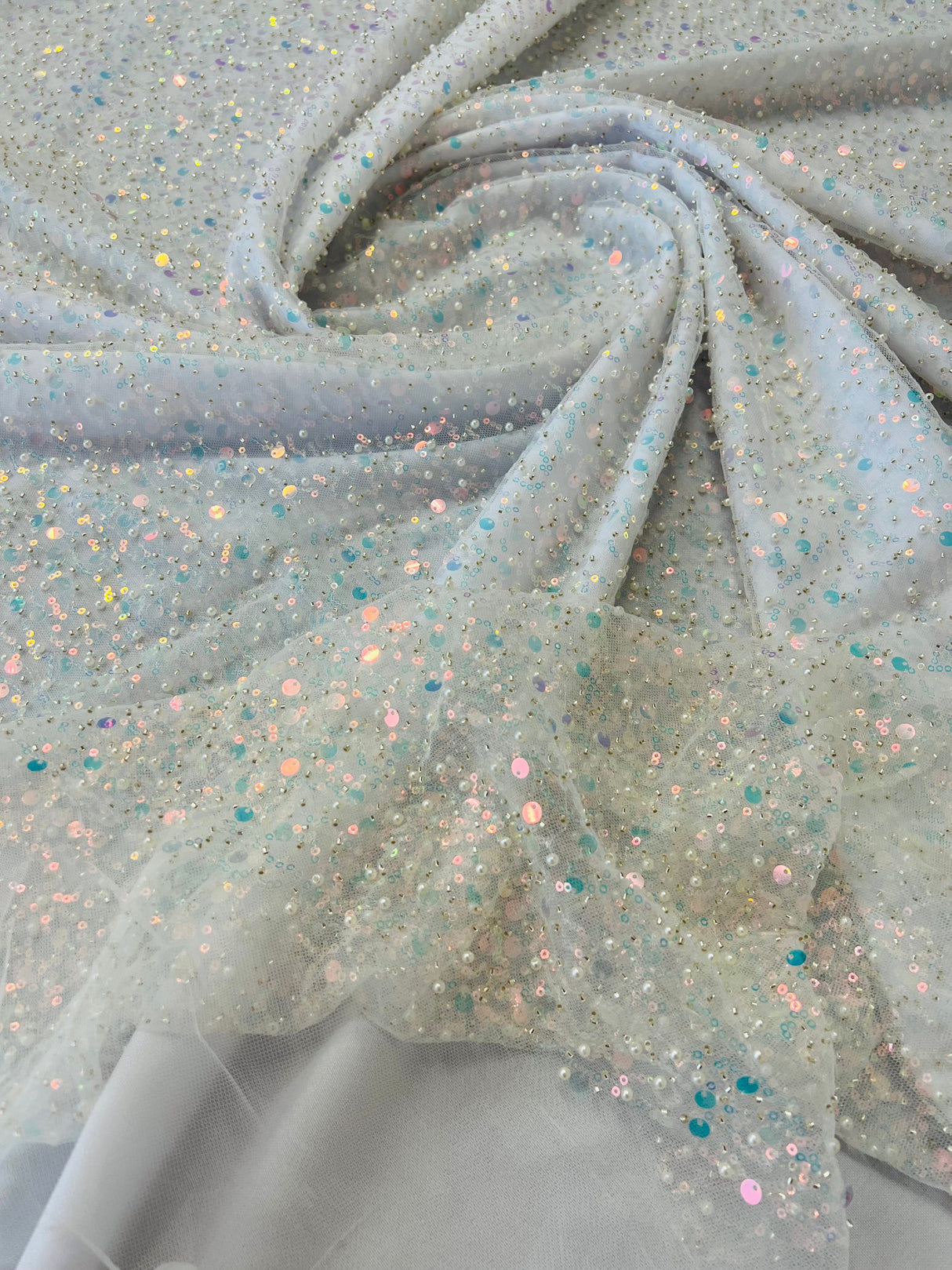 All Over Beaded Lace Polyester Fabric - Beaded, Sequins, Pearls, Mesh Lace, 54" Width (1 Yard)