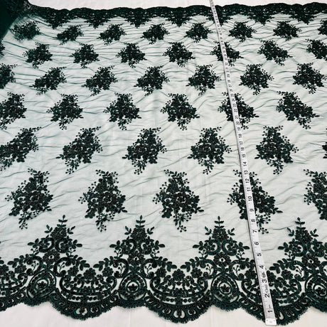 Beaded Corded Lace Fabric - Embroidered On 100 Percent Polyester Net Mesh, 56" Width (1 Yard)