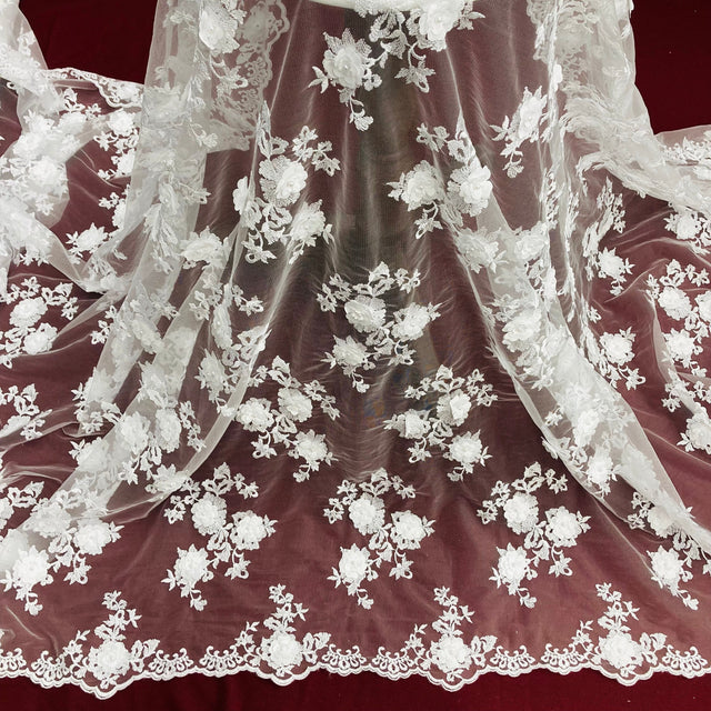Beaded 3D Floral Lace Fabric White 51"