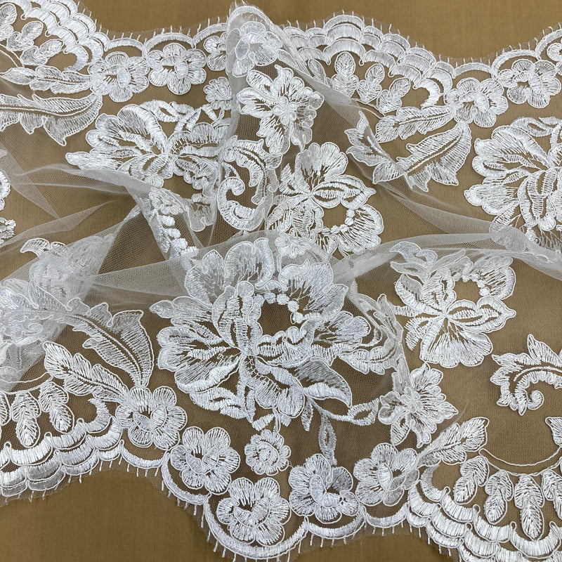 Double Sided Floral Lace Trimming Corded Embroidered On 100 Percent Polyester Net Mesh Fabric - Floral Corded Embroidered Lace Trim, 17.5" Width (1 Yard)