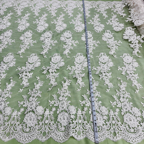 Beaded & Corded Bridal Lace Fabric - Embroidered, 100% Polyester Net Mesh, 53" Width (1 Yard)
