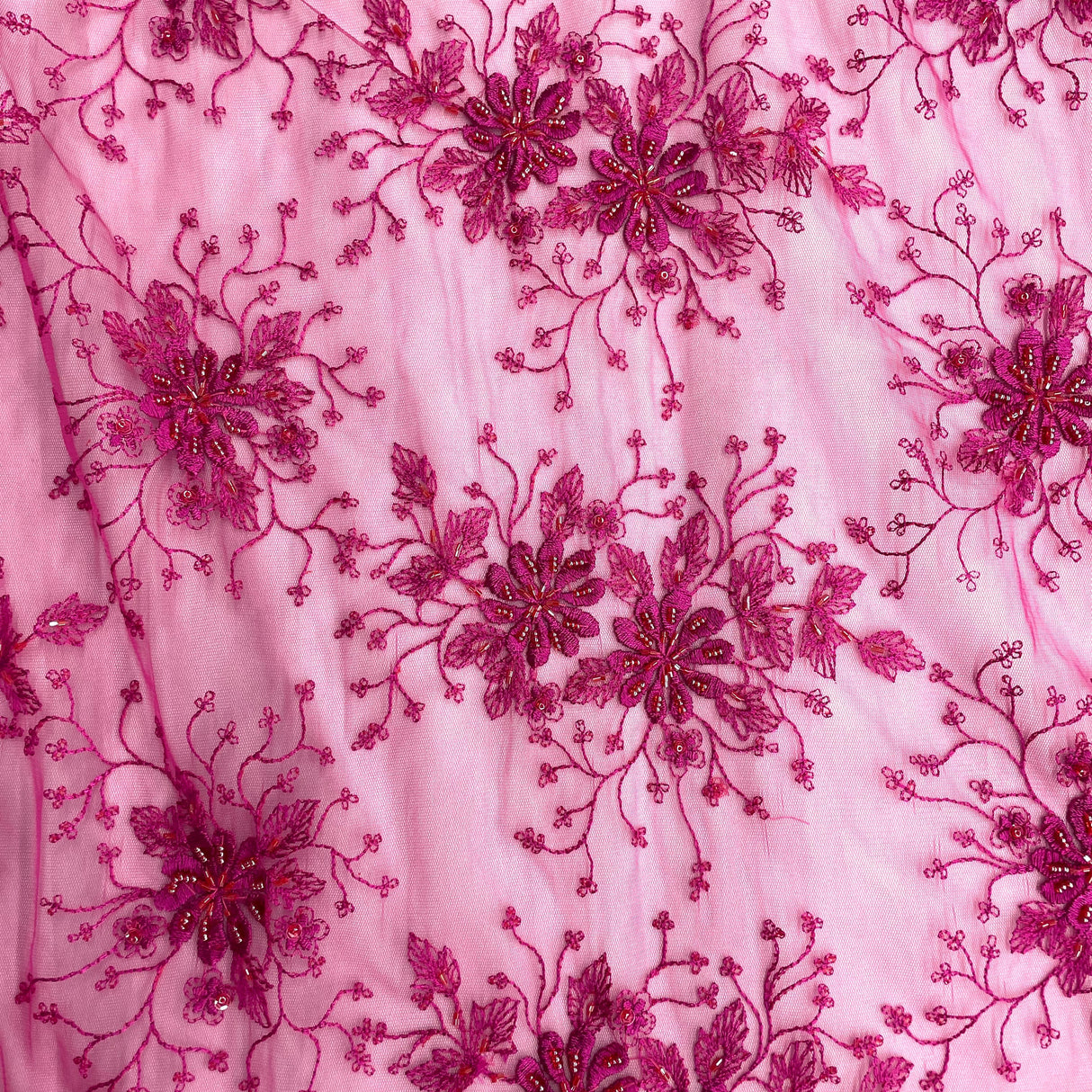 Beaded Lace Fabric Embroidered On 100 Percent Polyester Net Mesh - Fuchsia, Teal, 52" Width (1 Yard)